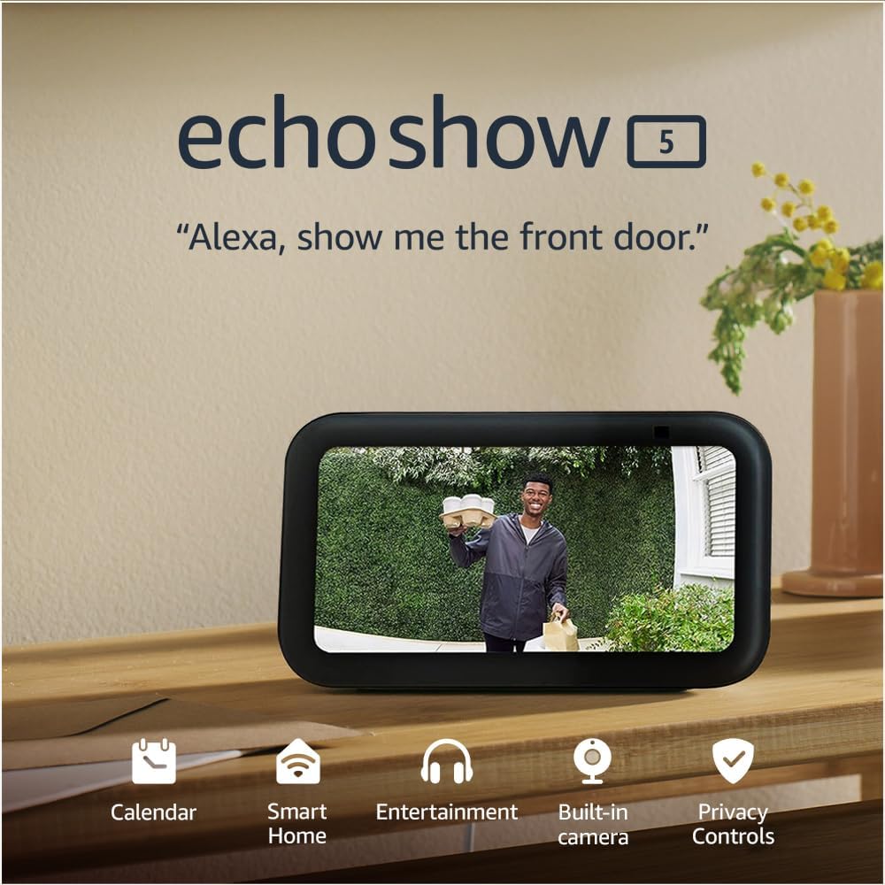 Echo Show 5 (Newest gen), Smart display and alarm clock with clearer sound, Charcoal, with Alexa+ Early Access