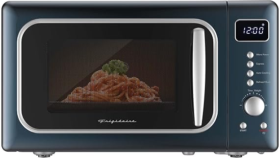 Frigidaire, 0.7 Cu. Ft. Retro Countertop Microwave Oven, 700W Compact Microwave with 8 Auto Cook Menus, Auto Defrost, 5 Power Levels, LED Display, Glass Turntable, Azure-Argent