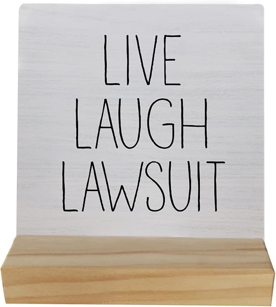 Ayxvt Lawyer Gifts for Women Men, Live Laugh Lawsuit Wooden Plaque Sign, 4 x 4 Inches, White, Modern, Rectangular, Tabletop, With Wooden Stand