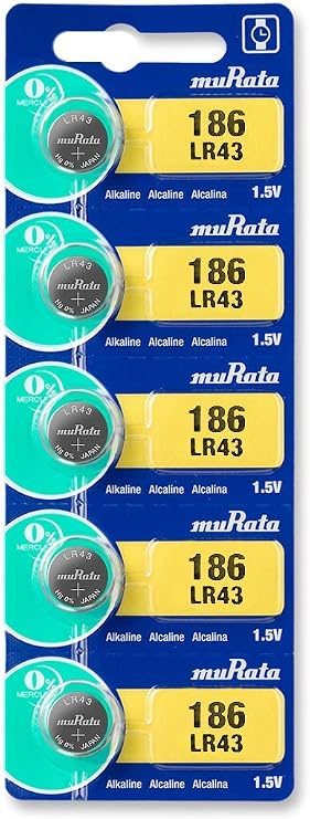 Murata LR43 Battery AG12 386A 1.55V Alkaline Button Cell (5 Batteries)