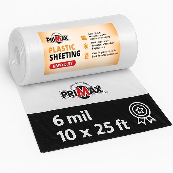 PRIMAX Opaque 6 Mil Plastic Sheeting Roll 10' x 25' Heavy Duty | Waterproof Design, UV Resistant, Suitable for Greenhouse Use, Ideal for Gardening and Construction, Easy to Cut to Size