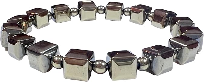 Handmade Pyrite Stretch Bracelet 8mm Cube and Round Beads Leo Birthstone Solar Plexus Chakra Approx. 7 Inch Wrist Size