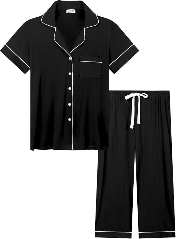 Joyaria Bamboo Viscose Cooling Pajamas for Women Capri Button Front Pjs Set | Ideal for Night Sweats, Hot Sleeper Friendly, Breathable & Moisture Wicking, Short Sleeve Top