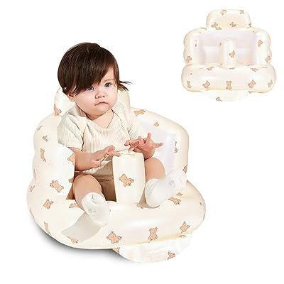 Mengduxd Inflatable Baby Seat, with Built in Air Pump, Inflatable Seat for Babies 3-36 Months for Home, Travel, Camping Yellow, Love Bear