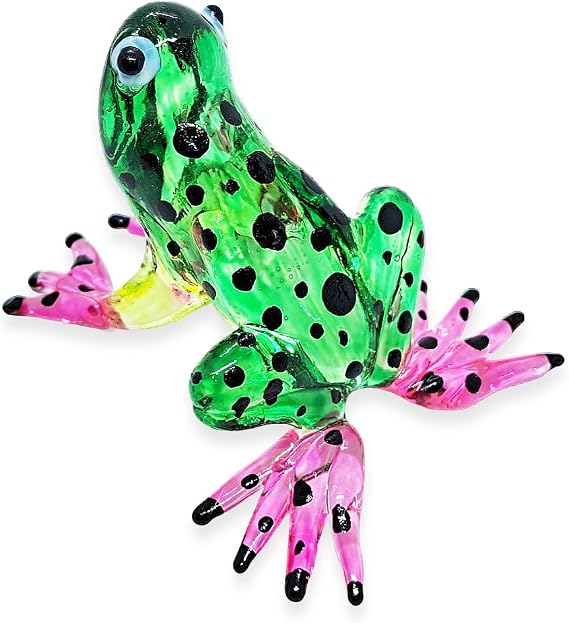 ChangThai Design 212" Green Pink Black Dotted Frog Amphibian Artistic Blown Glass Figurine Premium Statue Tabletop Decoration Unique Collectible for Adult Collectors Handcrafted Elegant Home Room Decor