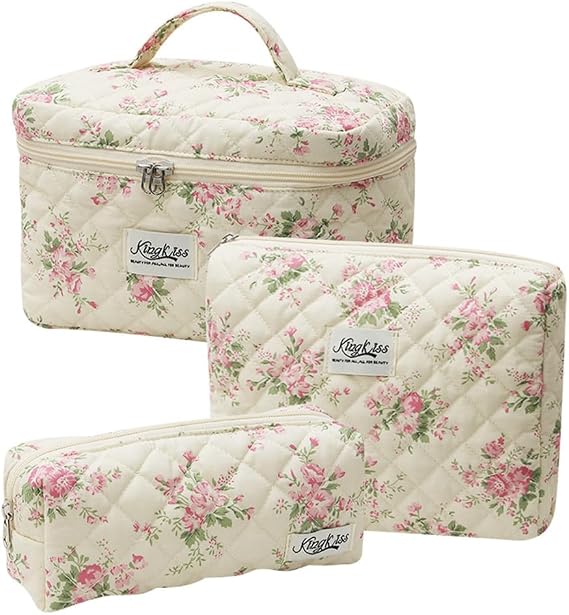 Quilted Makeup Bag Set 3 Pcs Cotton Cute Makeup Bags For Women Large Aesthetic Floral Cosmetic Bag Coquette Flower Makeup Pouch