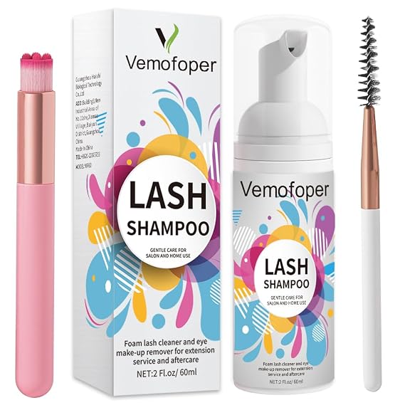Lash Shampoo for Lash Extensions, Eyelash Extension Cleanser 60ml + Rinse Bottle + Brushes, Lash Bath for Eyelash Extensions, Lash Cleaner, Paraben & Sulfate Free, Salon and Home Use