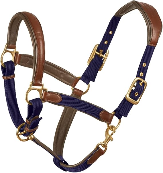 OVATION Equestrian Padded Leather Crownpiece Ergonomic Comfortable Adjustable Chin Luxor Cushion-Flex Halter, Navy, Horse