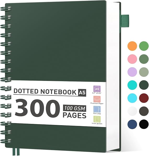 AHGXG Bullet Dotted Journal Spiral Notebook, 300 Pages Dotted Notebook Thick Journal, A5 Dot Grid Notebook, 100GSM Thick Paper, Plastic Hardcover, with Journal Stencils, 5.7" x 8.3", Black Green