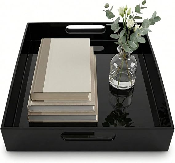 Black Large Acrylic Serving Tray 20x12, Waterproof Modern Coffee Table Tray with Handles, Decorative Rectangle Acrylic Organizers for Living Room, Bar Cart, Bathroom Decor & Vanity Desk Decor