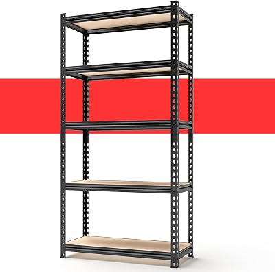 60 H x28 W x12 D: Father&I 5-Shelf-Storage-Rack MetalWood GarageKitchen Pantry Shelves Steel Utility Stand Shelving Unit Adjustable Heavy-Duty Shed ClosetAtticLaundry Organizer, Black