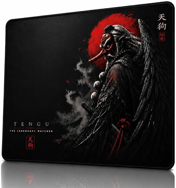 50x40 cm Oyuncu Mouse Pad, Kırmızı, Kaymaz Taban, Dikişli Kenar, Baskılı Tasarım Tengu