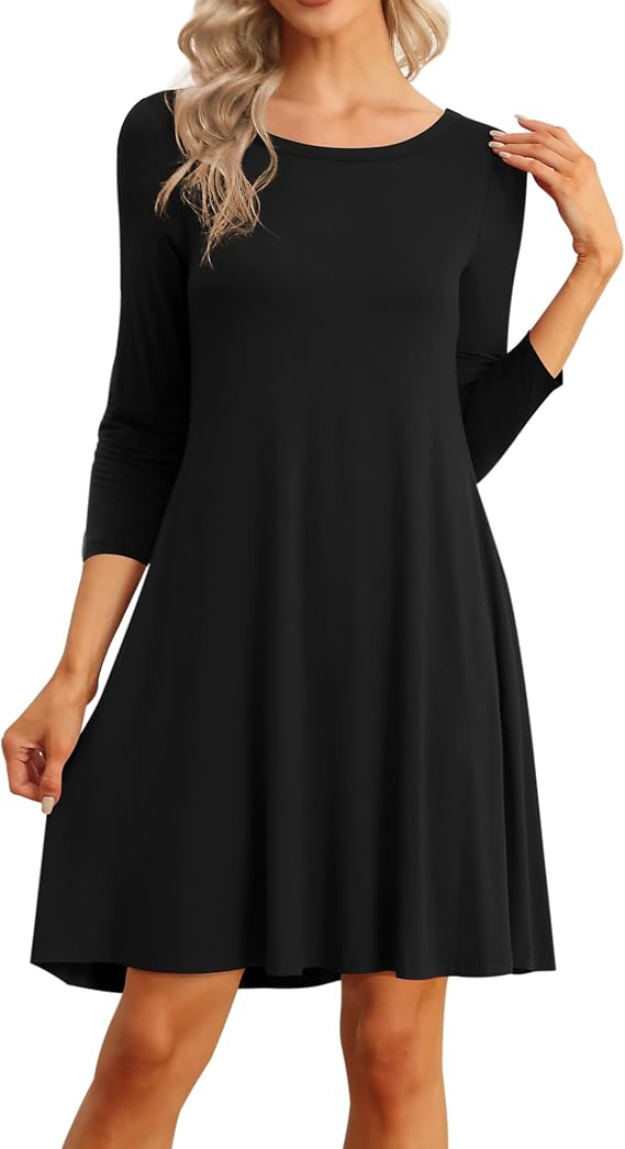VIISHOW Womens Round Neck 3/4 Sleeves A-line Casual Tshirt Dress with Pocket