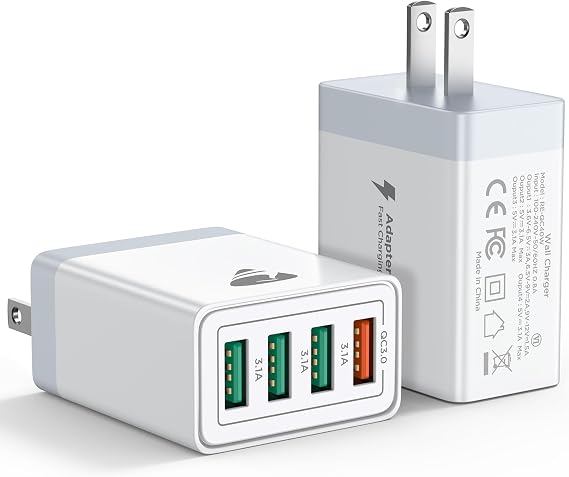 USB Wall Charger Block, 2-Pack 40W 4-Port USB Cube Power Adapter Plug, Multiport Charging Blocks Box Brick for iPhone 16 15 14 13 12 11 Pro Max XR Xs Max 8 7 6 Plus, Samsung, LG, Moto, Android Phones