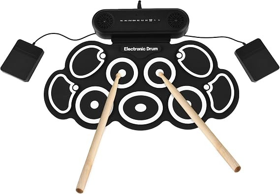 Btuty Electronic Drum Set with Dual Speakers, Roll-Up Drum Pads, 9 Pads, MIDI Compatible, Various Audio Connections, Headphone Jack, 10 Hours Playtime and Silicone Practice Pads, Drum Kit with
