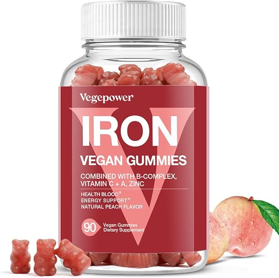 Vegan Iron Gummies Supplement for Adults & Kids, Peach, 90 Ct