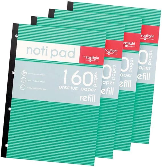 EASTLIGHT A4 Refill Pad 160 Page 80gsm - (Pack of 4) Sidebound Feint Ruled with Margin 4 Hole Punched