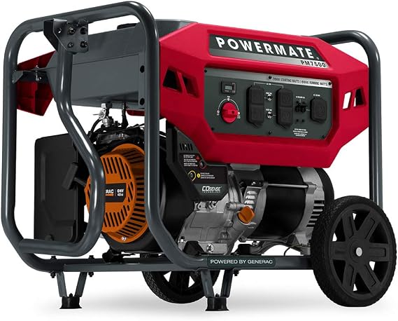 Powermate PM7500 7,500-Watt Gas-Powered Portable Open Frame Generator - Ultra-Quiet Performance - Ideal for Home, Camping, RV and Outdoor Activites - Engine Powered by Generac - Red/Black