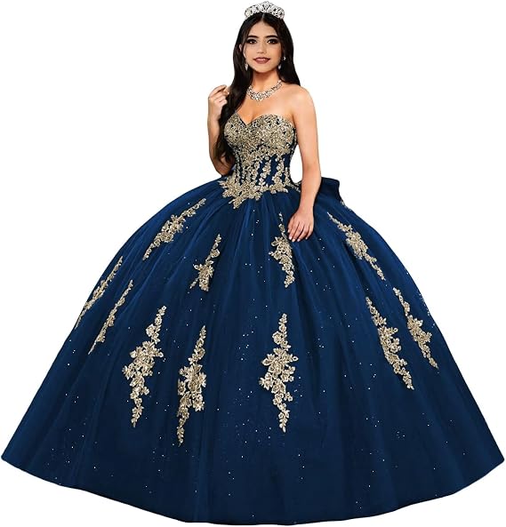 Gold Lace Appliques Quinceanera Dresses Puffy Strapless Tulle Prom Dresses Glitter Beaded Ball Gown with Bow