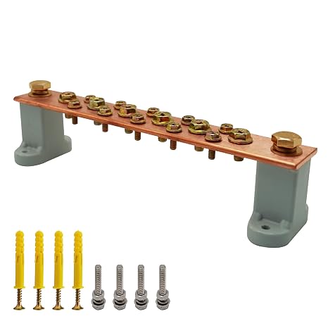 Copper Grounding Bar Kit, 7.8" Copper Bus Bar Ground Bus Bar with 16 Terminal Positions and UL Material BusBar Insulator T Posts