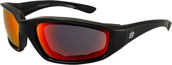 Birdz Eyewear Oriole Padded Motorcycle Riding Sunglasses Gloss Black Frame with Red G-Tech Reflective Lenses