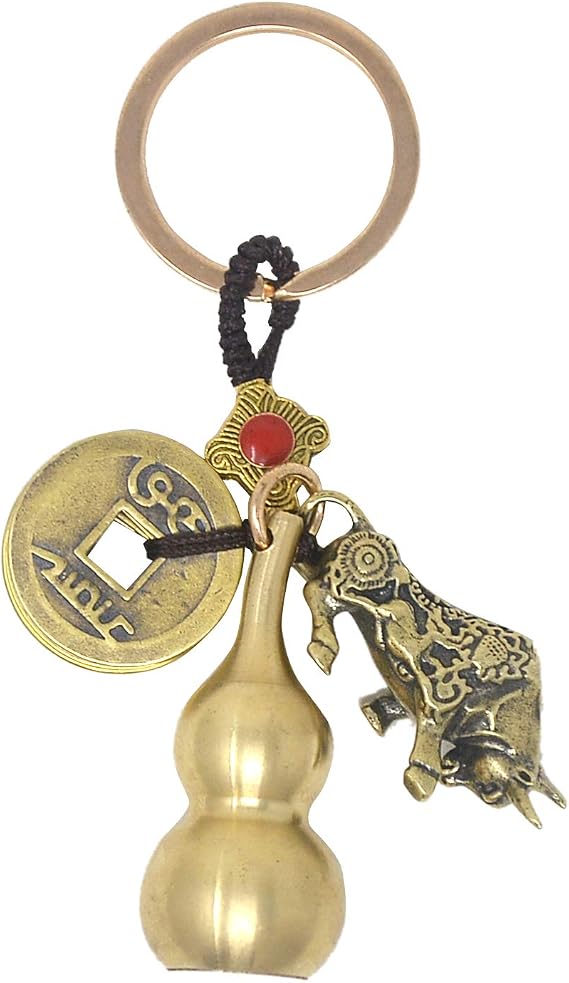 Feng Shui Five Emperors Money Copper Gourd Keychain Zodiac Wealth Ox Statue and Wu Lou Gourd Calabash With Brass Coins W4432