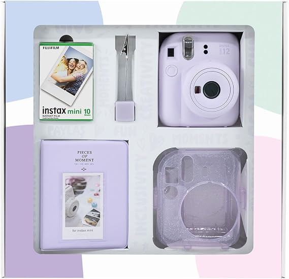 Instax mini 12 Lilac Camera 10-Piece Film Glitter Plexiglass Case PVC Album and Clamp Picture Stand Bundle Box
