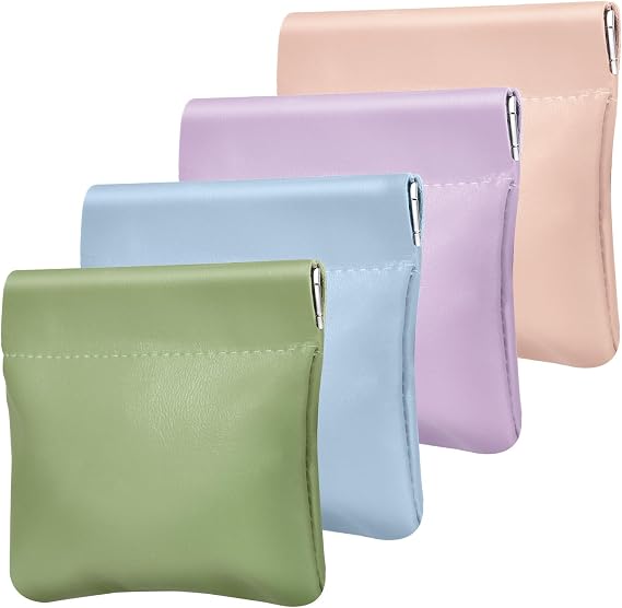 3.1in Squeeze Coin Purse Pouch, 4Pc PU Change Purse for Car, Spring
