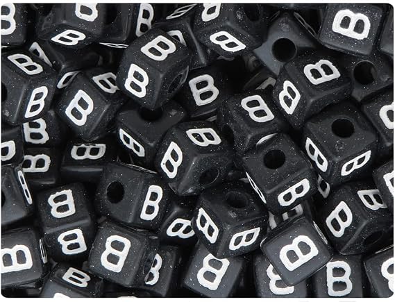 BeadTin Black Opaque 10mm Cube Alpha Beads - White Letter (20pcs) (Letter B)