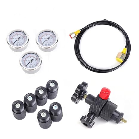 Hydraulic Nitrogen Accumulator Charging Valve Pressure Test Kit 3-Gauge 400Bar, Multifunctional Inflatable Tool Hydraulic Accumulator Nitrogen Charging Kit 3 Gauge & 7 Adapter