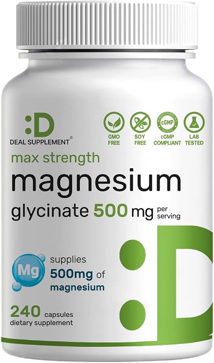 Max Strength Magnesium Glycinate 500mg Per Serving, 240 Capsules | 100% Chelated for Easy Absorption | Essential Mineral Supplement for Muscle, Sleep, Heart Health