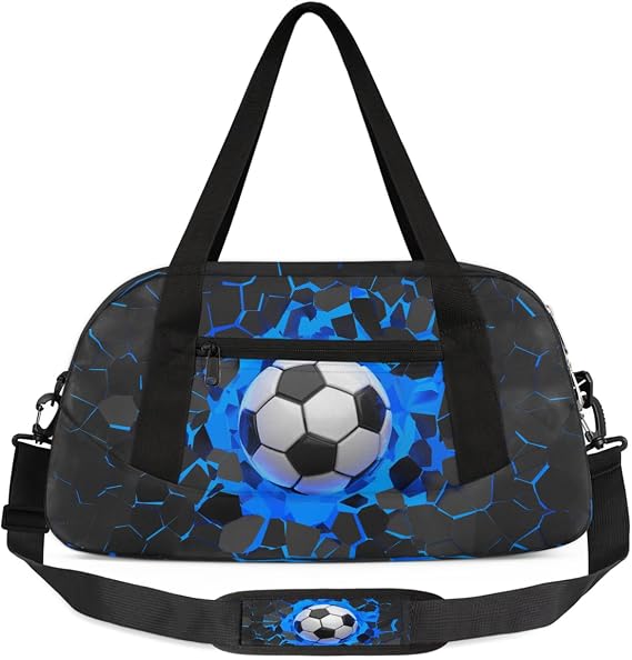 Gym Travel Duffle Bag for Boys - Blue 3D Soccer Ball Kids Overnighter Weekend Bag with Front Zipper Pocket for School Practice, Teens Carry-On Size Sleepover Bags