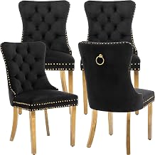 Velvet Dining Chairs Set of 4, Kitchen & Dining Room Chairs Set of 4, Tufted Dining Chairs, Velvet Upholstered, Golden Metal Legs (Black, Set of 4)