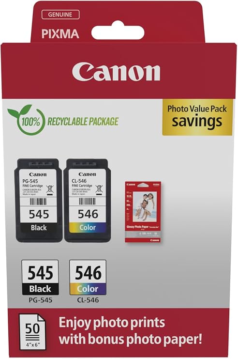 Canon PG-545 + 546 Color + Black 2-Piece Set Cartridge + Paper gift