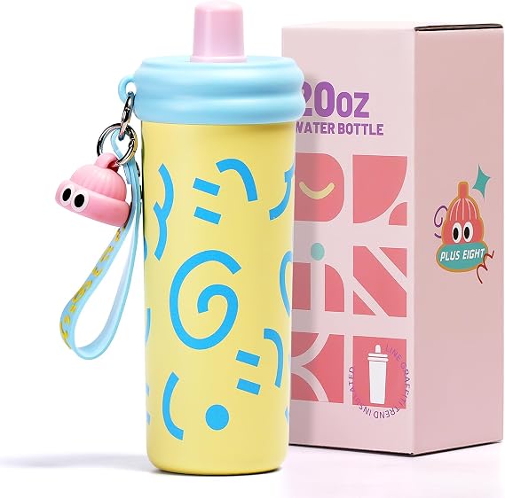 Stainless Steel Tumbler with Straw, 600ml/20oz Tumbler with Leak Proof, Reusable Double Walled Water Bottle, Thermo Coffee Travel Mug (Yellow)