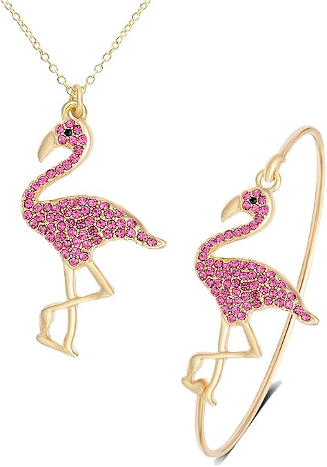 Pink Flamingo Bird Bracelet/Pendant Necklace/Dangle Earrings Jewelry Set for Women (Necklace + Bracelet, gold-plated-base)