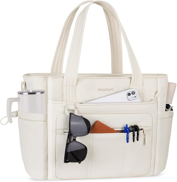 MOSISO Laptop Tote Bag for Women, 15-16 inch Puffy Lightweight Tote Bag | Large Capacity Puffer Tote Handbag Shoulder Bags with Trolley Sleeve&Laptop Compartment for Work College Teacher Office,Beige