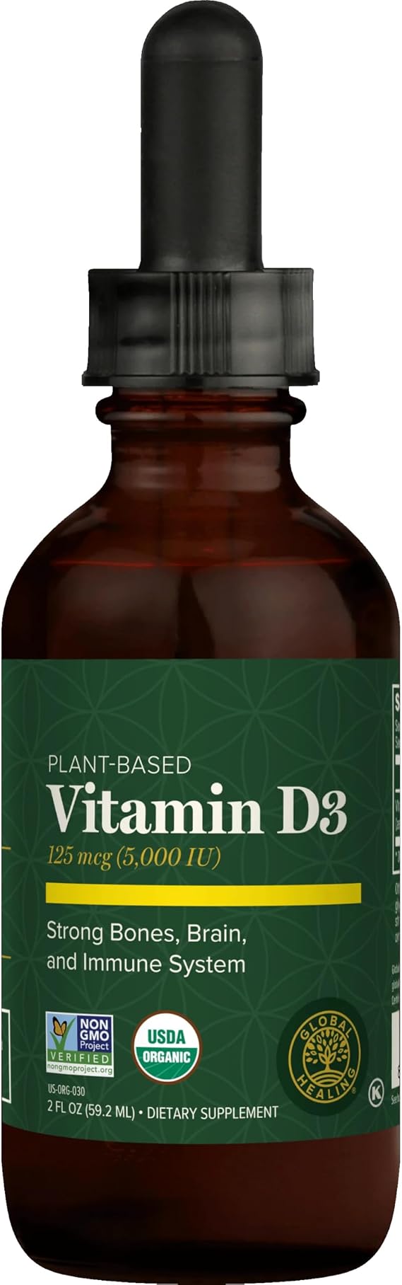 Global Healing Organic Vitamin D3 5000 IU Supplement - Vegan Vitamin D Supplements for Immune Health & Strong Bones Support - Pure D3 Vitamin 5000 IU Ingredients, Vit D3 - 2 Fl Oz