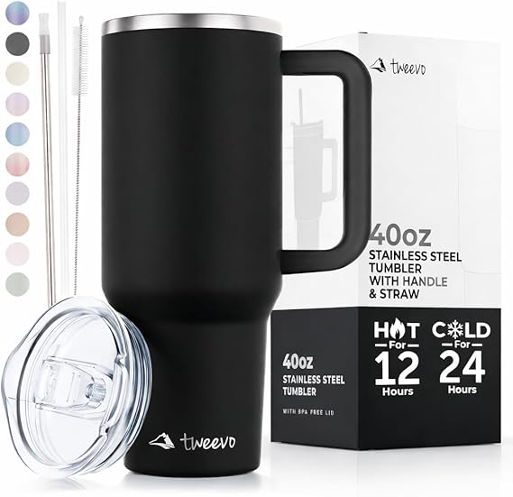 tweevo 40 oz Tumbler With Handle and Straw Made of Stainless Steel - Double Wall Vacuum Insulated Tumbler With Lid - Sweat Proof Easy Grip, BPA-Free, Dishwasher Safe Tumbler (Black)