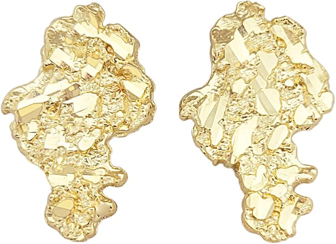 Mens 10k Yellow Gold Nugget Earrings, Hip Hop Style, 0.75 inch x 0.5 inch