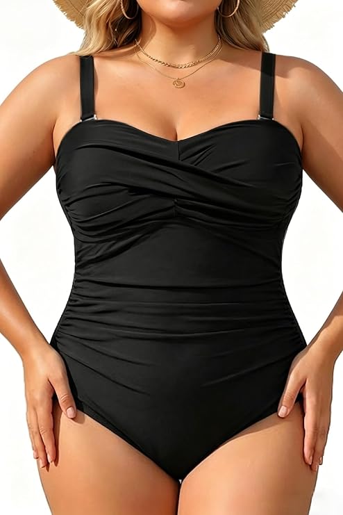 Holipick Plus Size One Piece Swimsuit Tummy Control Strapless Bathing Suits Bandeau Slimming Ruched Twist Front Swimwear