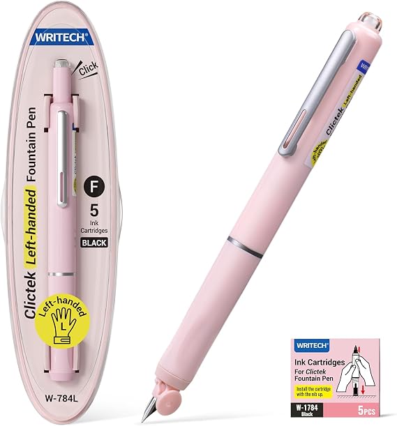 WRITECH Left Handed Fountain Pen: Fine Nib Retractable Black Ink Clictek | Includes 5 Ink Refillable Cartridges No leaking Smooth Writing for Calligraphy Sketching Journaling Note-taking Office School