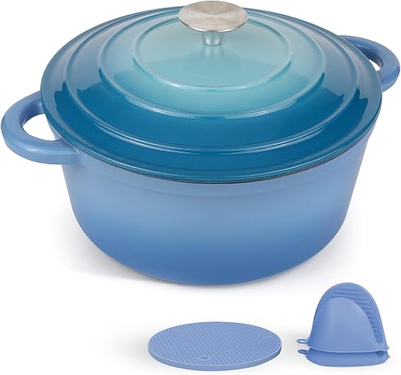 6 Quart Enameled Cast Iron Dutch Oven Pot with Lid and Silicone Accessories, Oven Safe up to 500°F or on Stovetop, Non-stick Dutch Oven for Bread Baking, Cooking, Dual Handles Cookware, Light