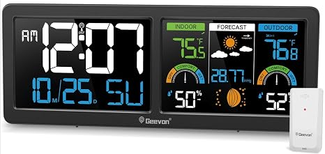Geevon Weather Stations Wireless Indoor Outdoor Thermometer with Atomic Clock, HD Color Display Digital Temperature Humidity Gauge with Brometer, Comfort Indicator, and Adjustable Backlight (Black)