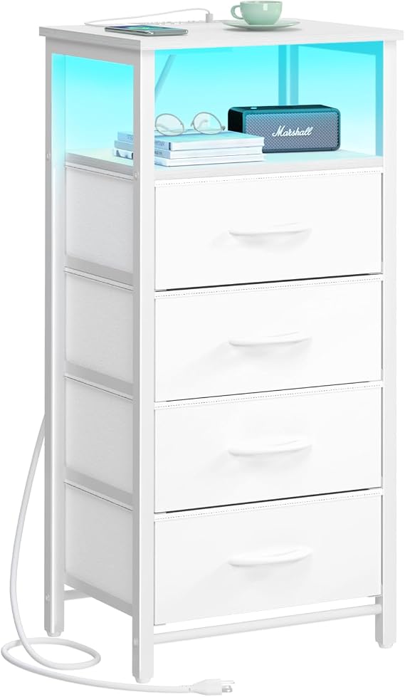 Yoobure Night Stand - LED White Nightstand with Charging Station for Dorm
