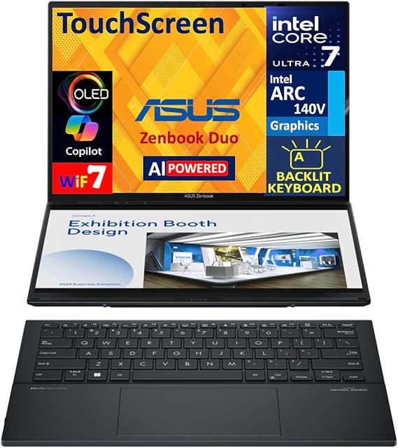 ASUS Zenbook Duo AI Powered 2-in-1 Laptop 14.0" Touchscreen OLED 2.8K Display (Intel Ultra 7-255H, 32GB LPDDR5X, 2TB PCIe SSD, Backlit KB, 2 Thunderbolt 4, WiFi 7, Webcam, Bluetooth 5.4, Win 11 Pro)