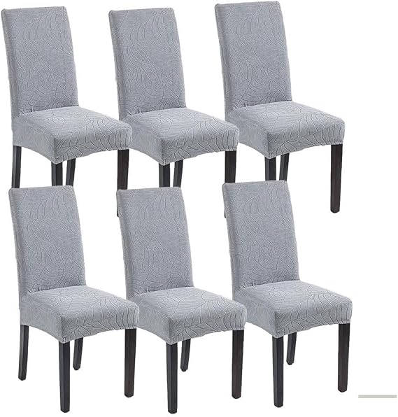 Lukery Dining Room Chair Covers, Stretch Chair Covers Kitchen Chair Covers, Waterproof Removable Chair Covers, Leaf Jacquard Chair Protector for Dining Room, Hotel (Set of 6,Light Gray)