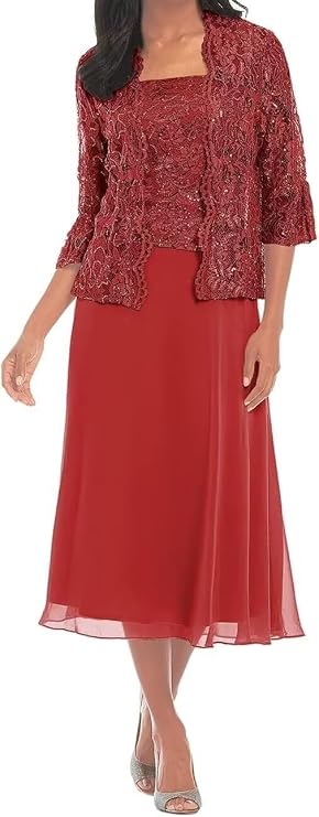 Yuxin 2 Piece Mother of The Bride Dresses for Wedding 3/4 Sleeve Lace Chiffon Mother of Groom Dress with Jacket Red Long Formal Evening Gowns for Women Us12