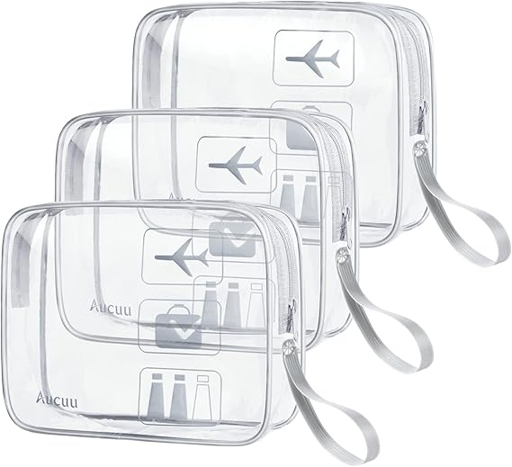 Aucuu 3 Pack Clear Travel Bags, TSA Approved Toiletry Bags, PVC Waterproof Travel Wash Bags Cosmetic Bag Transparent Pouch For Traveling