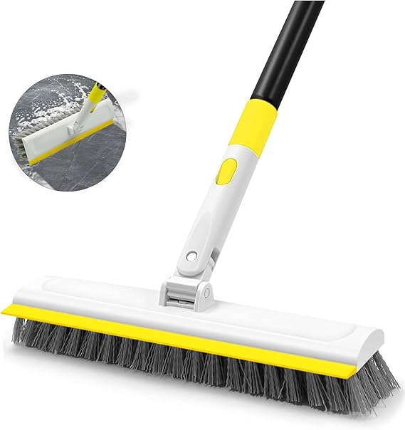 Floor Scrub Brush with 180 Rotating 50" Long Handle for Cleaning, 2 in 1 Scrape Scrubber Brush with Squeegee, Tile Tub Scrub Brushes Attachment for Clean Bathroom Deck Kitchen and Floor Wall